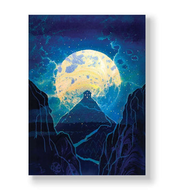 House on mountain peak with giant full moon background canvas wall art.