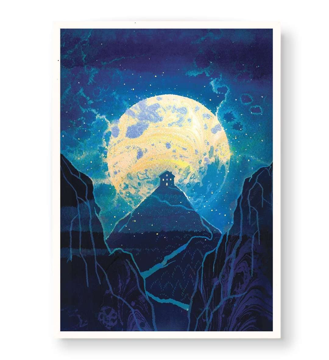 Cozy bedroom decor with dreamy moon landscape wall art.