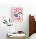 Cozy coffee station styled with funny dog illustration canvas print.