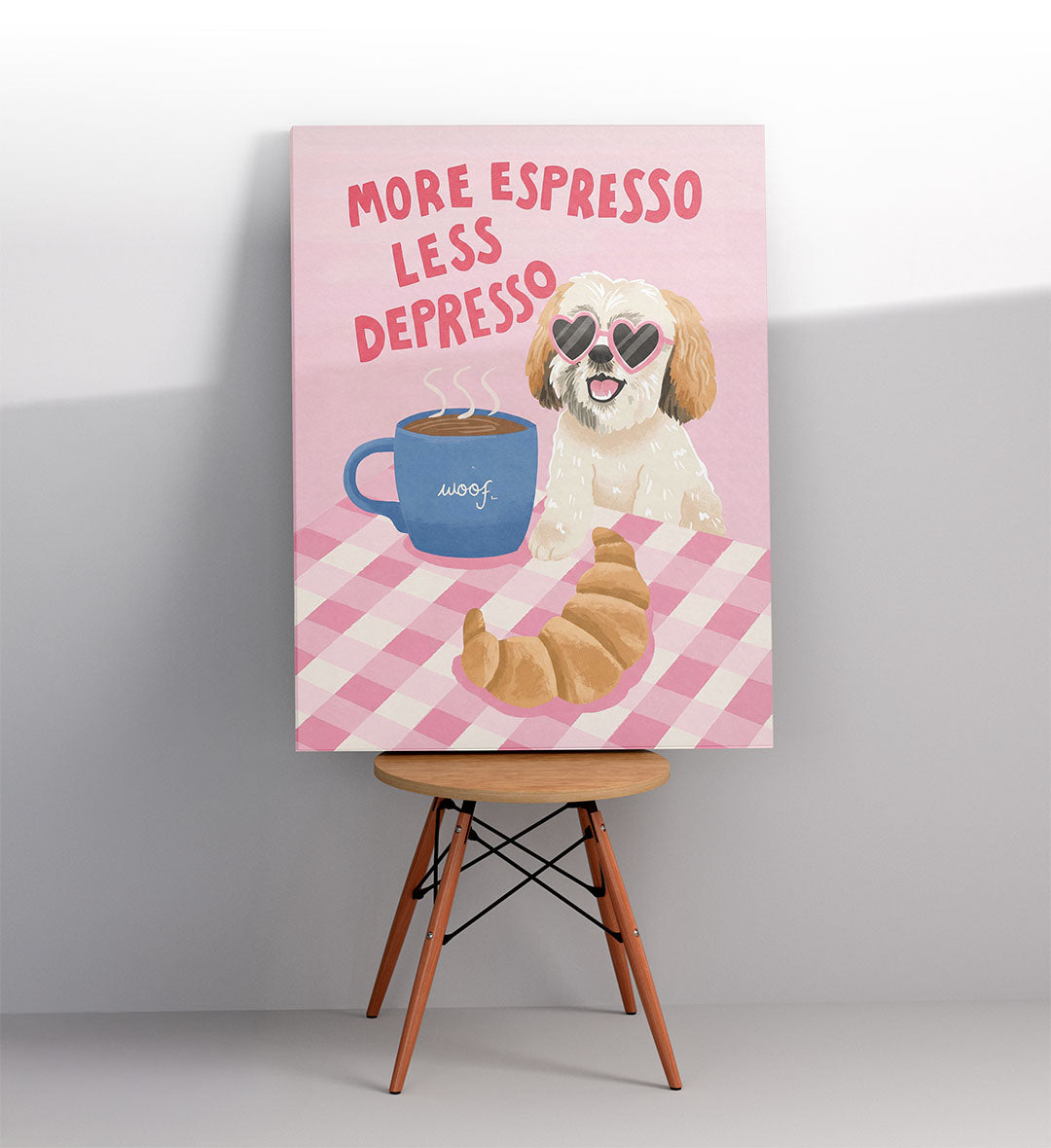 Cafe wall display with playful breakfast art.