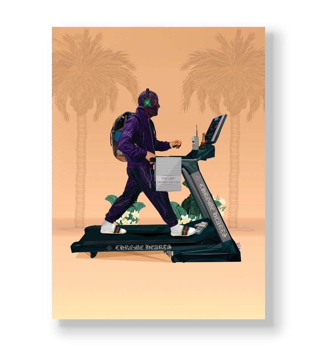 Masked figure in purple tracksuit walking on a treadmill with "You Can't Deposit Excuses" towel canvas art.