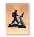 Masked figure in purple tracksuit walking on a treadmill with 