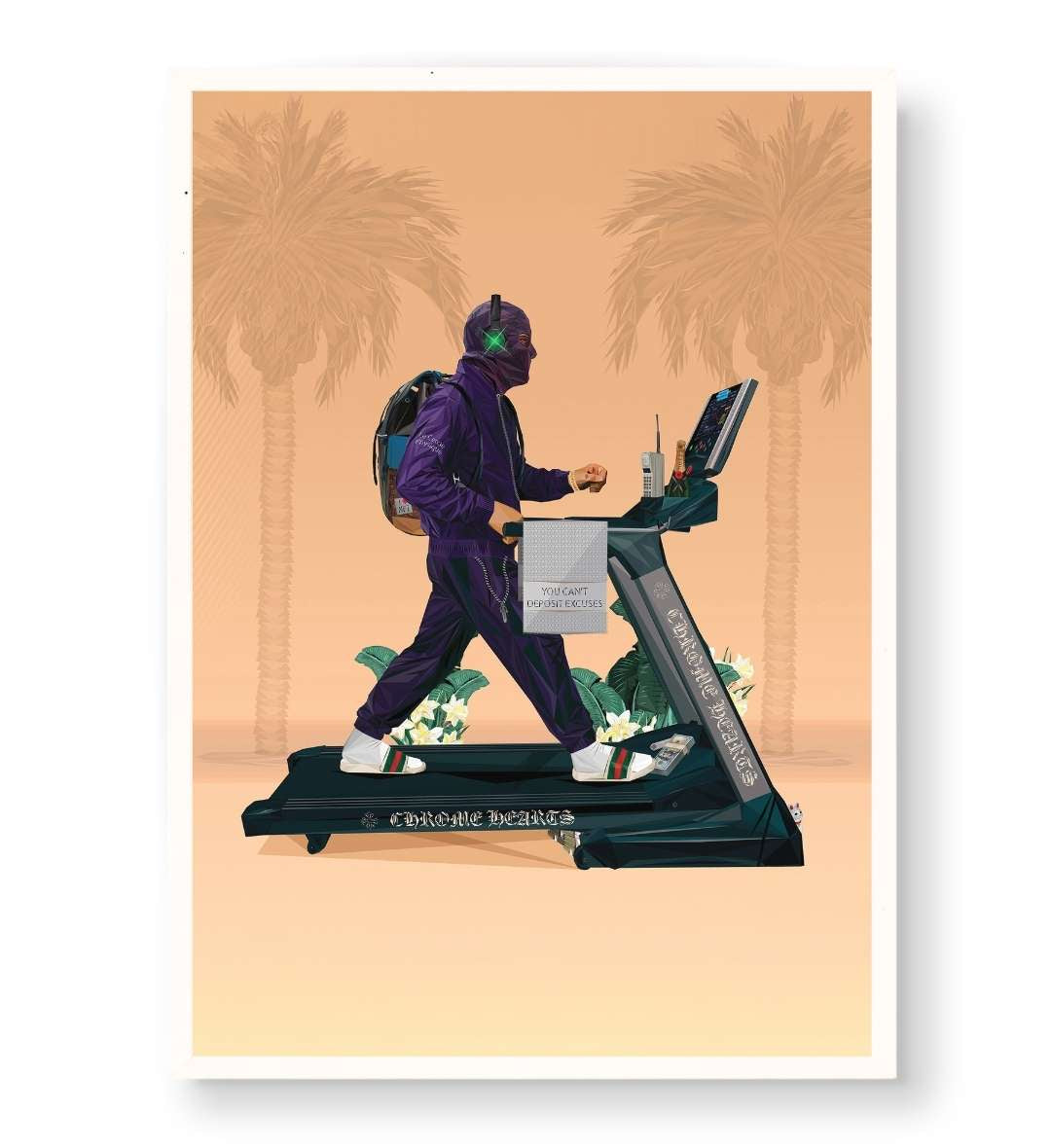 Modern home gym setup featuring geometric motivational wall art.