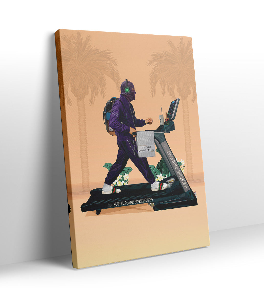 Masked figure in purple tracksuit walking on a treadmill with "You Can't Deposit Excuses" towel canvas art.
