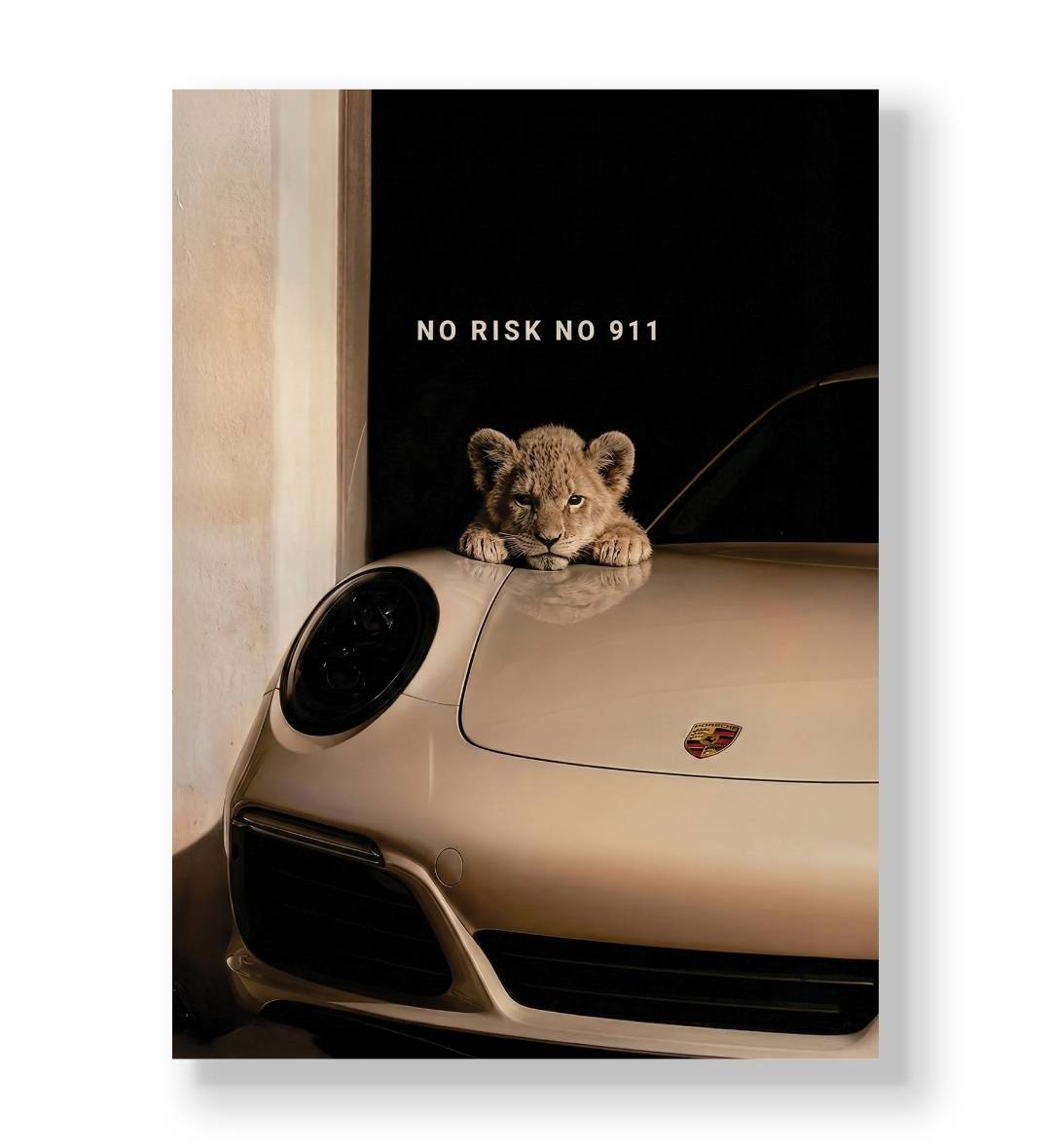 Lion cub resting paws on the hood of a cream Porsche 911 with "No Risk No 911" text canvas wall art.