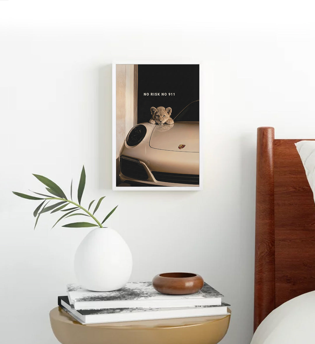 Man cave styled with sleek Porsche and lion canvas print.