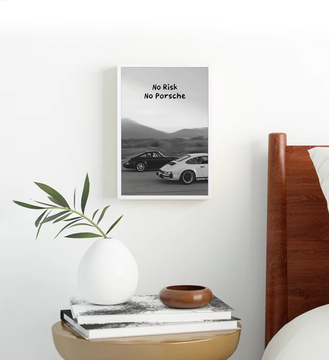 Man cave styled with sleek vintage Porsche canvas print.