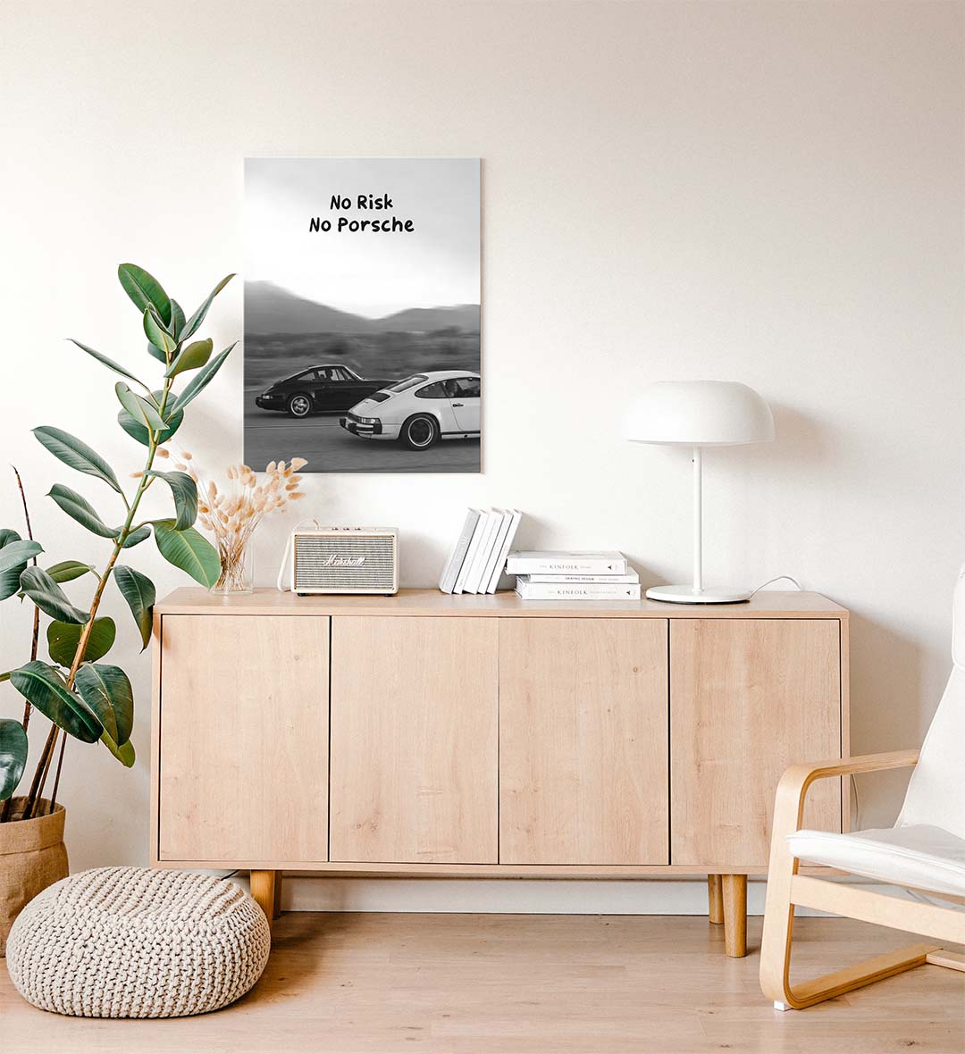 Detail of the classic Porsche silhouettes and the blurred motion background.