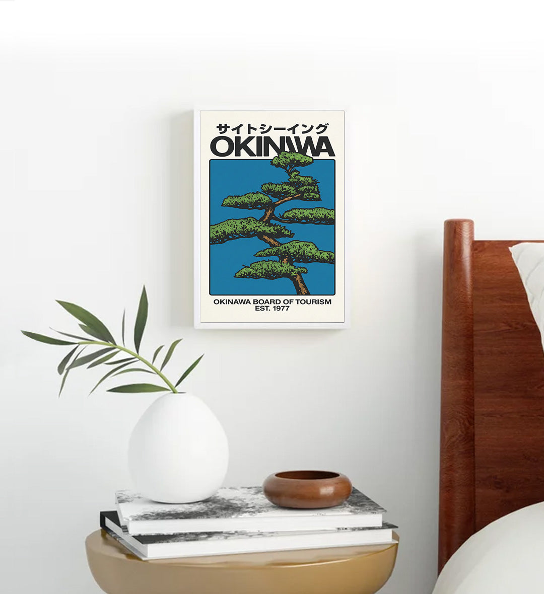 Modern bedroom styled with vintage aesthetic Okinawa canvas print.