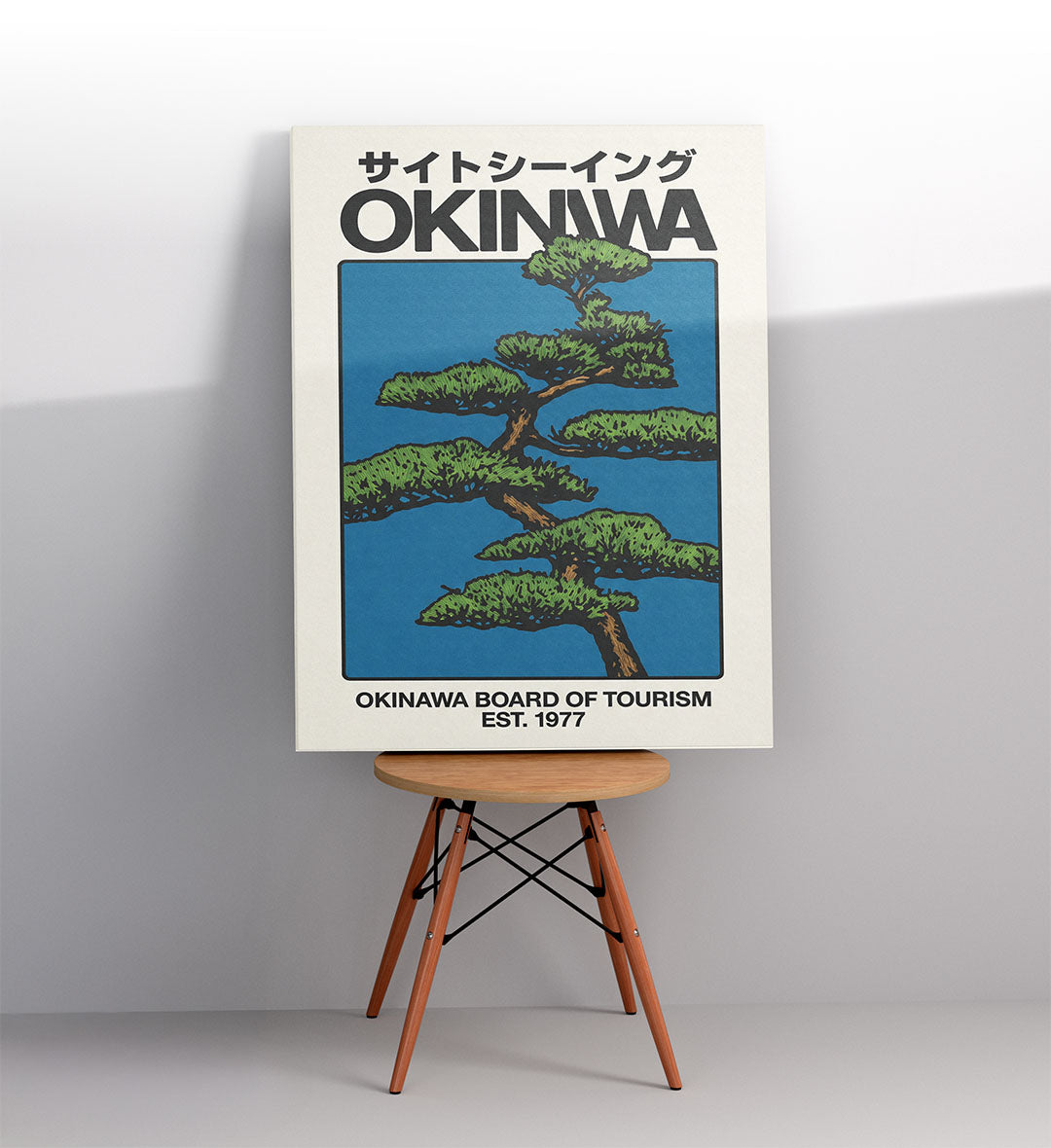 Cafe wall display with nostalgic 1977 tourism art.