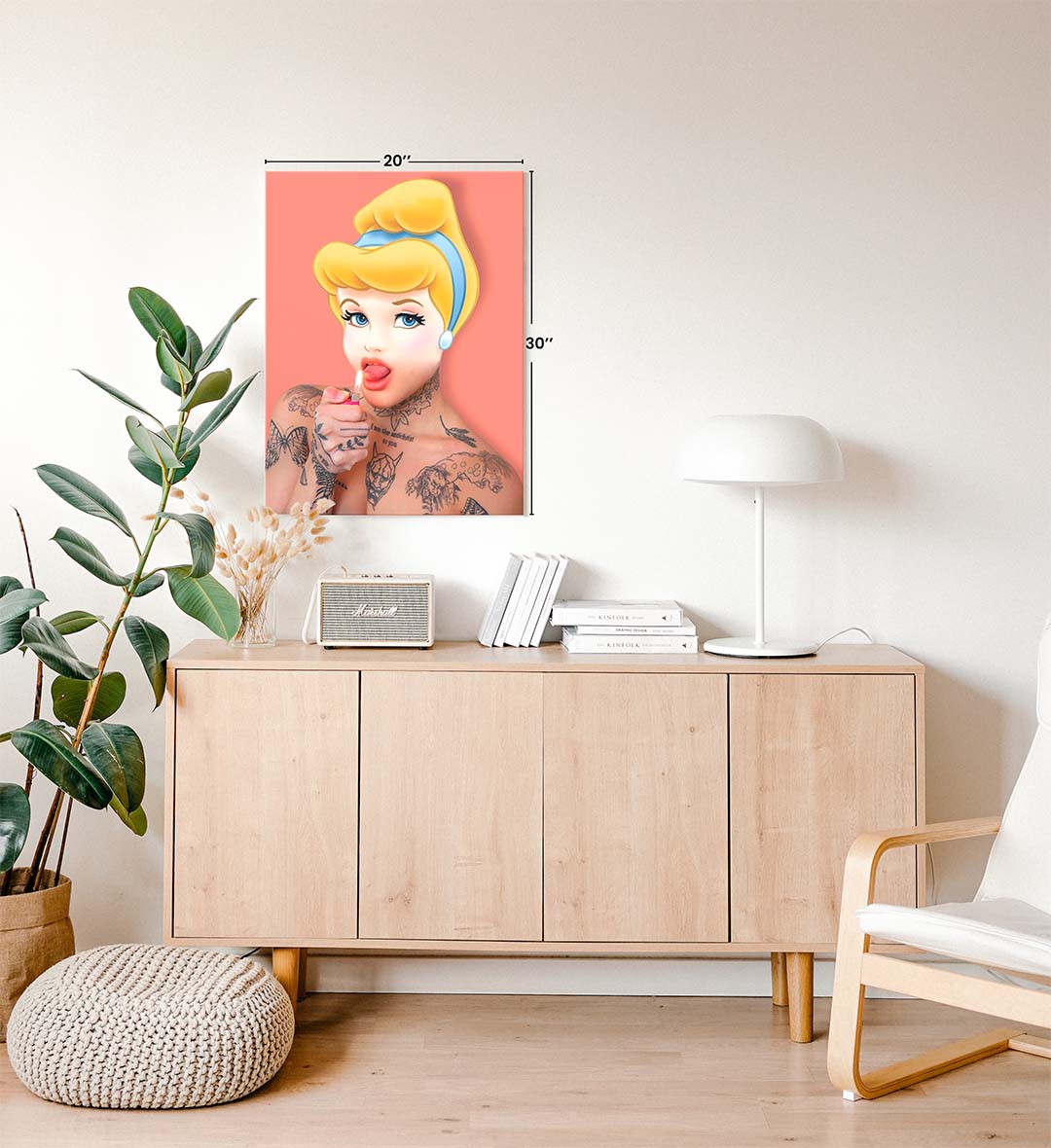 Rebel Princess Flame with tattooed princess design wall art for home decor.