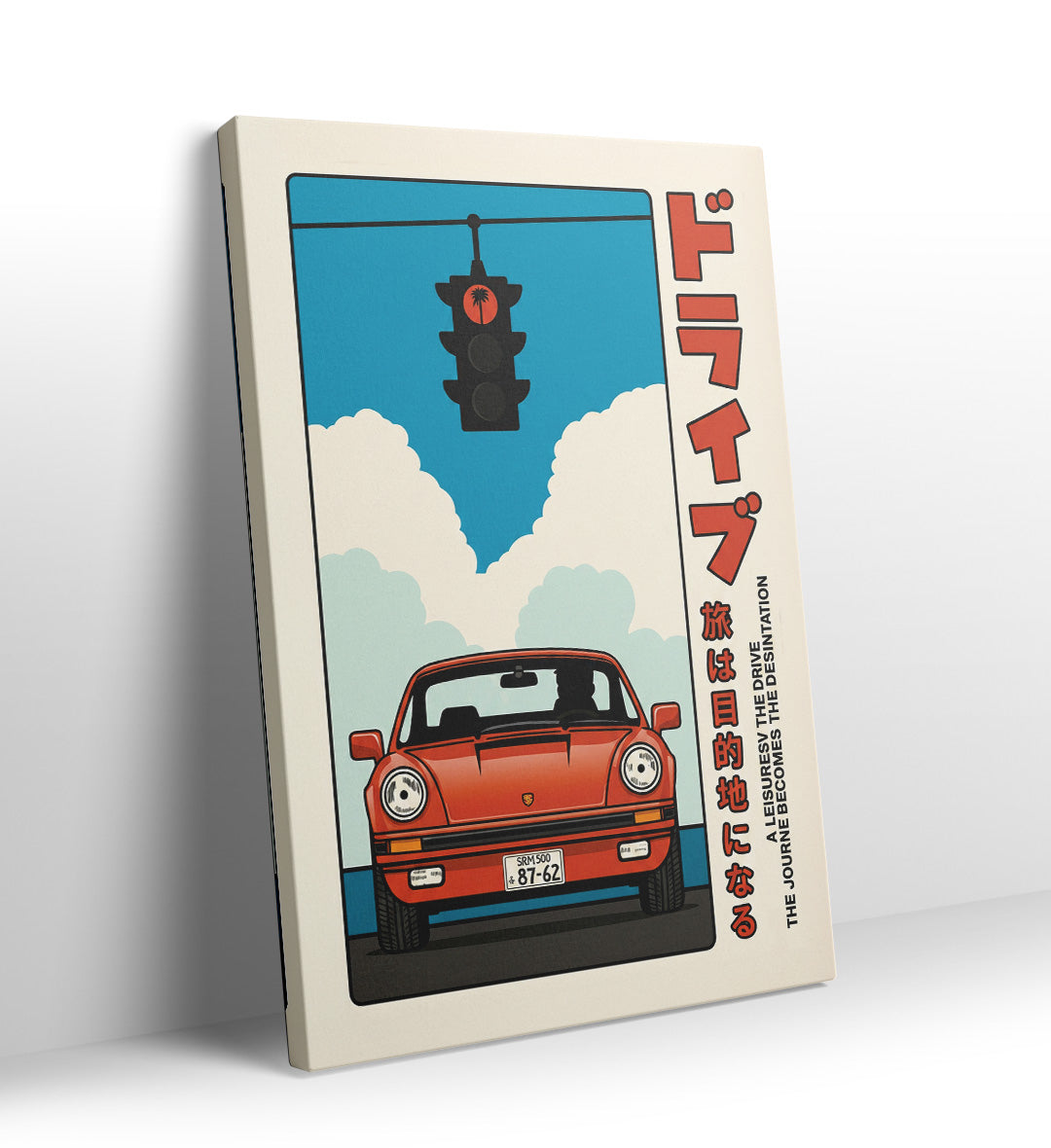 Retro Japanese city pop poster featuring a red Porsche 911 and a traffic light with a palm tree signal canvas wall art.