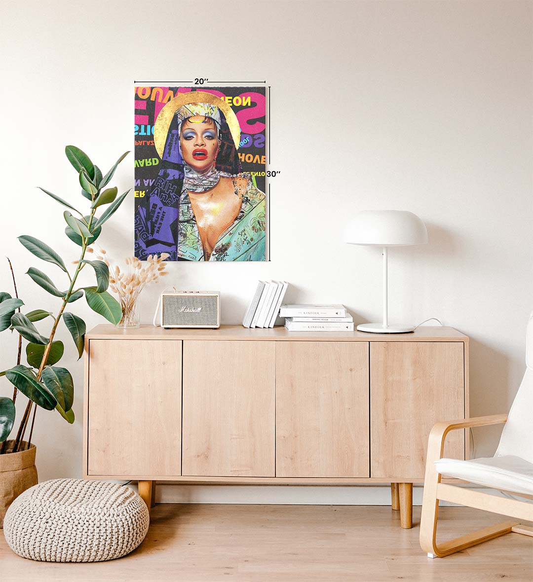 Rihanna Neon Halo pop diva wall art with neon colors and golden halo for Indian home decor.