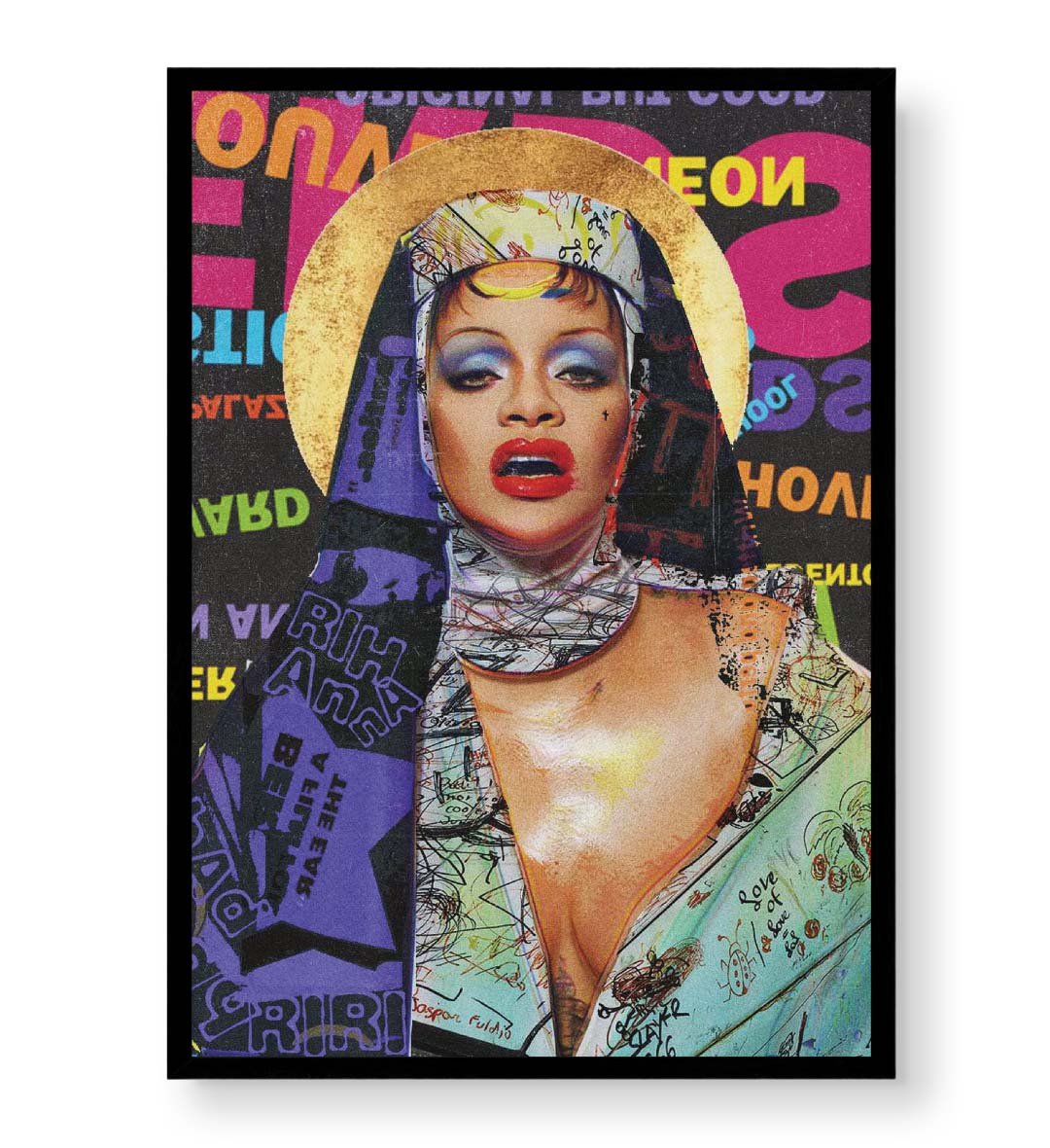 Rihanna Neon Halo pop diva wall art with neon colors and golden halo for Indian home decor.