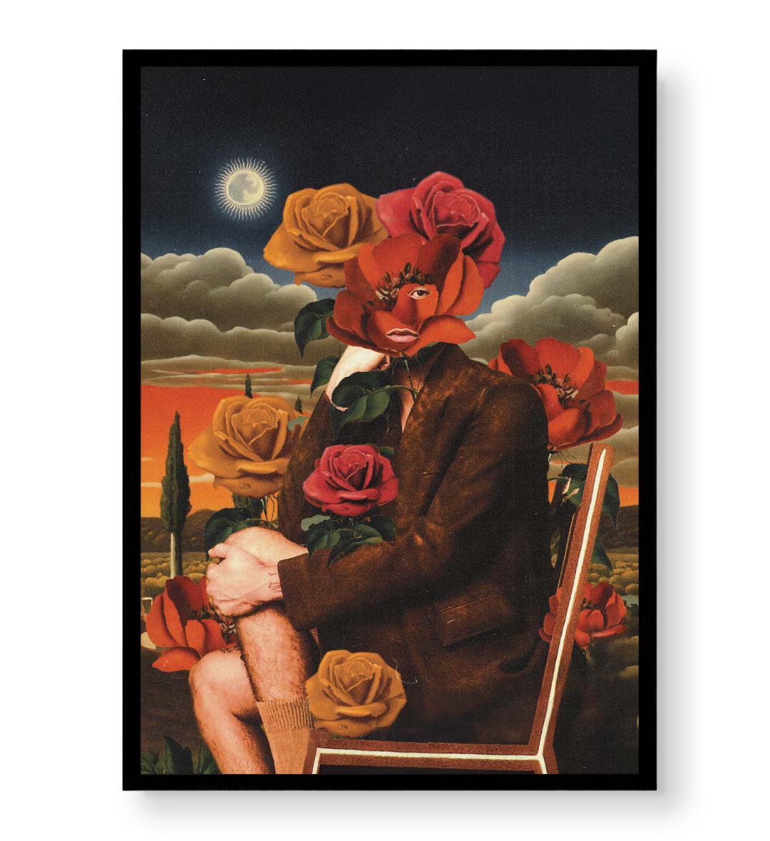 Surreal floral canvas wall art with rose face and glowing moon, ideal for modern Indian home decor.
