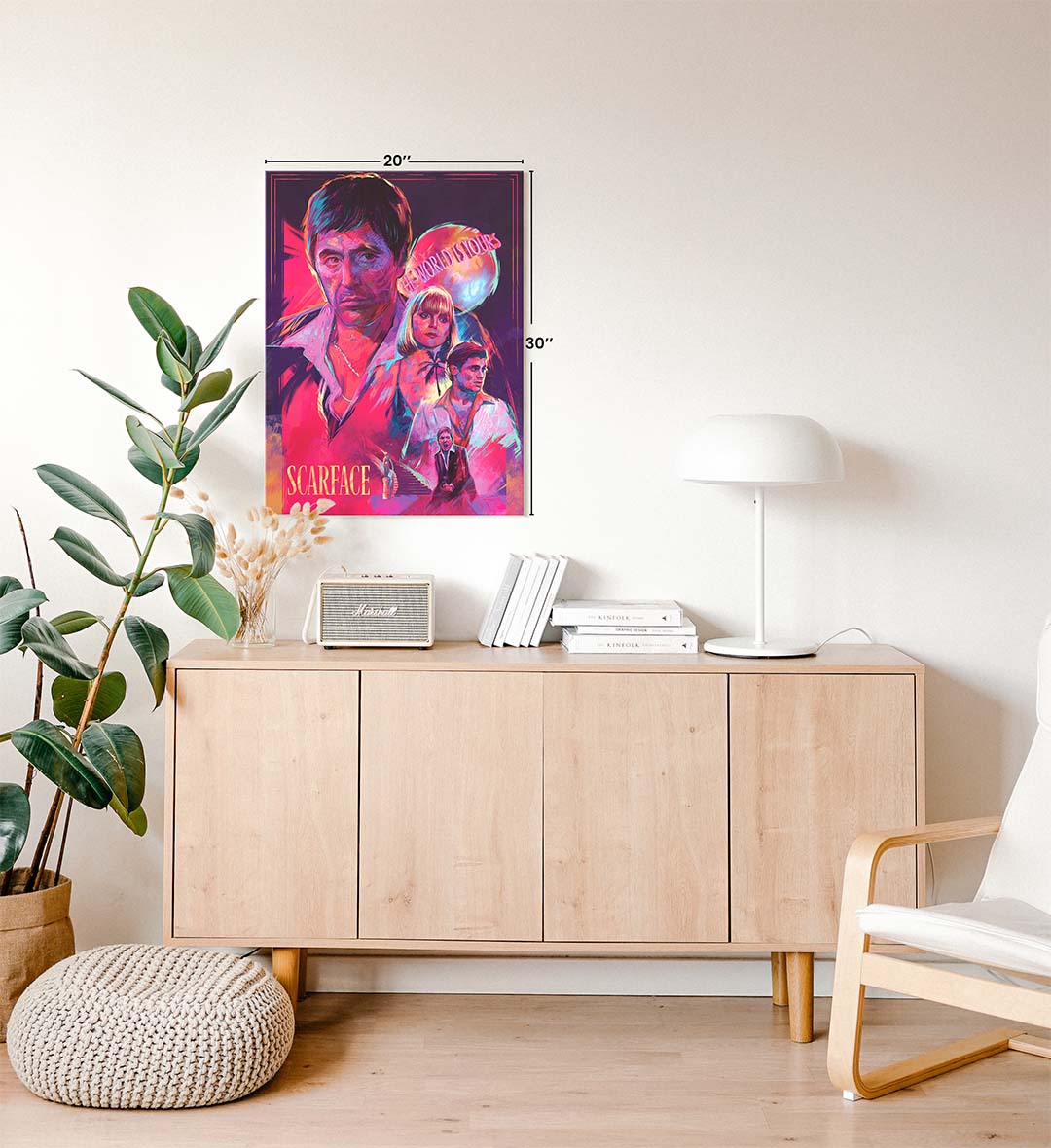 Scarface Neon Legacy cinematic wall art with neon pink and blue tones for Indian home decor.
