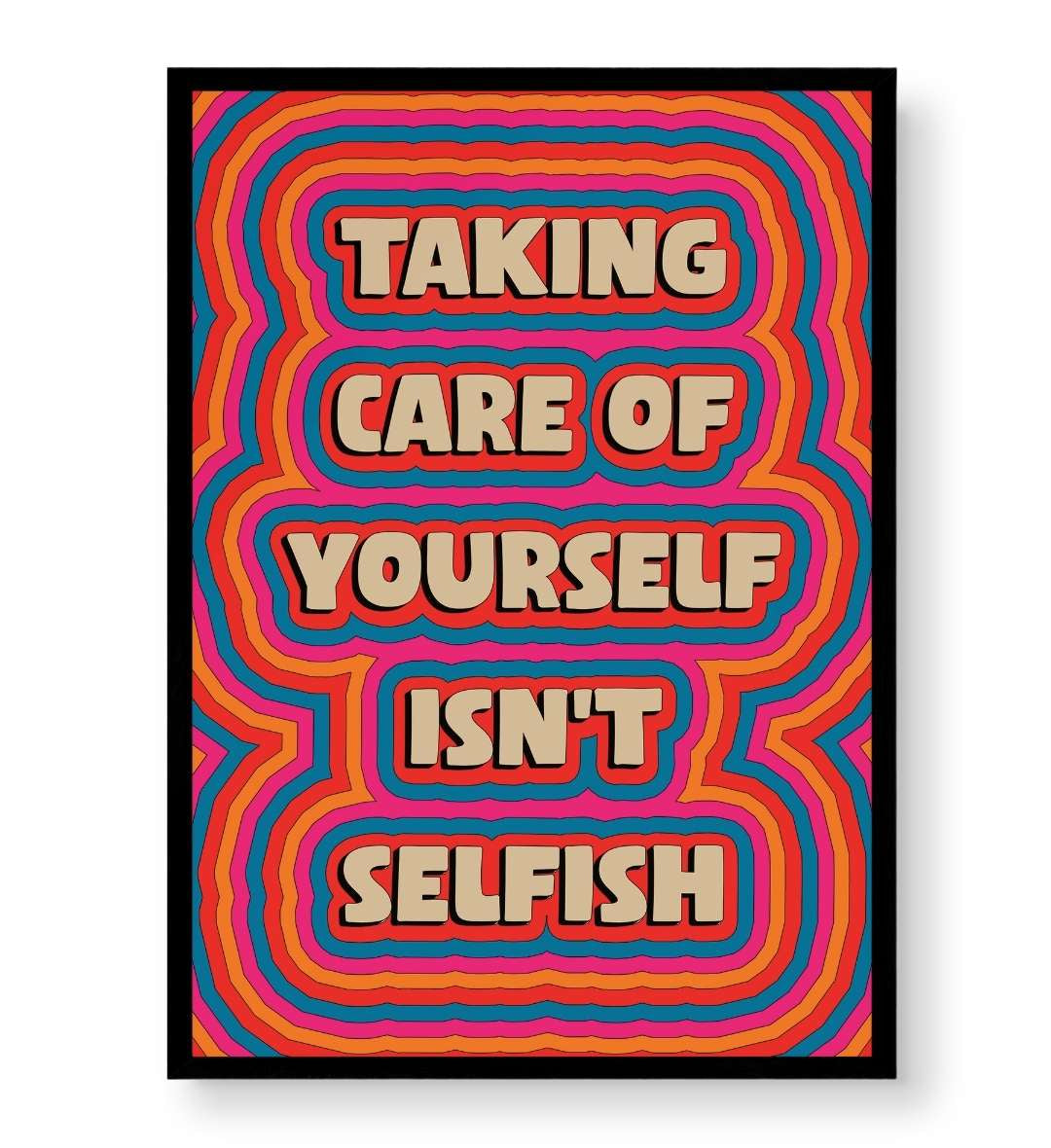 Home office workspace with mental health reminder wall hanging.