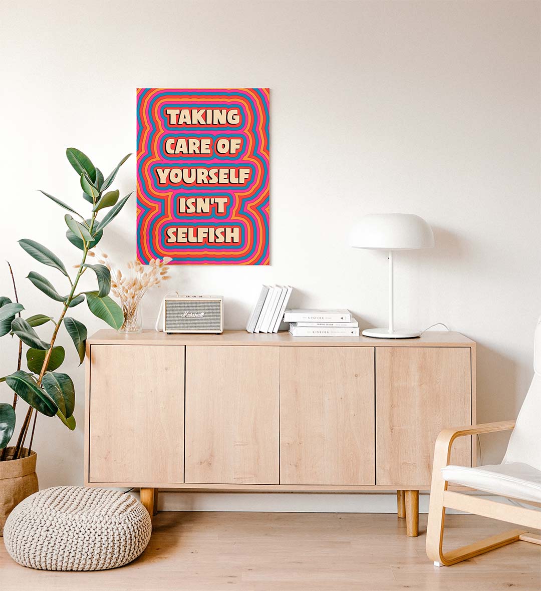 Side view of Self Care Is Not Selfish canvas showing sturdy wooden frame depth.