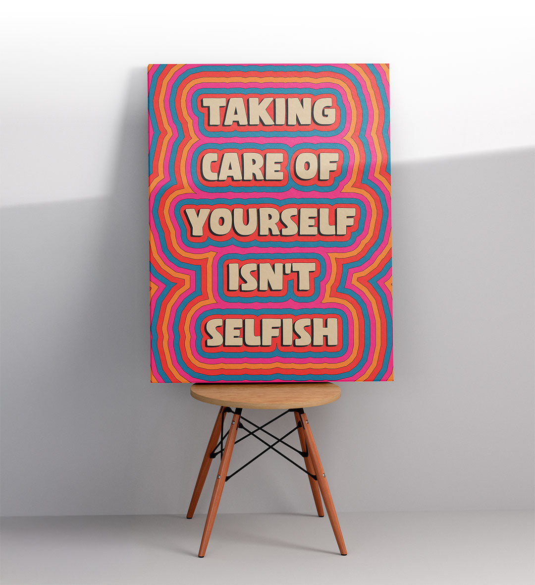 Vibrant hallway display with 70s style positive quote art.