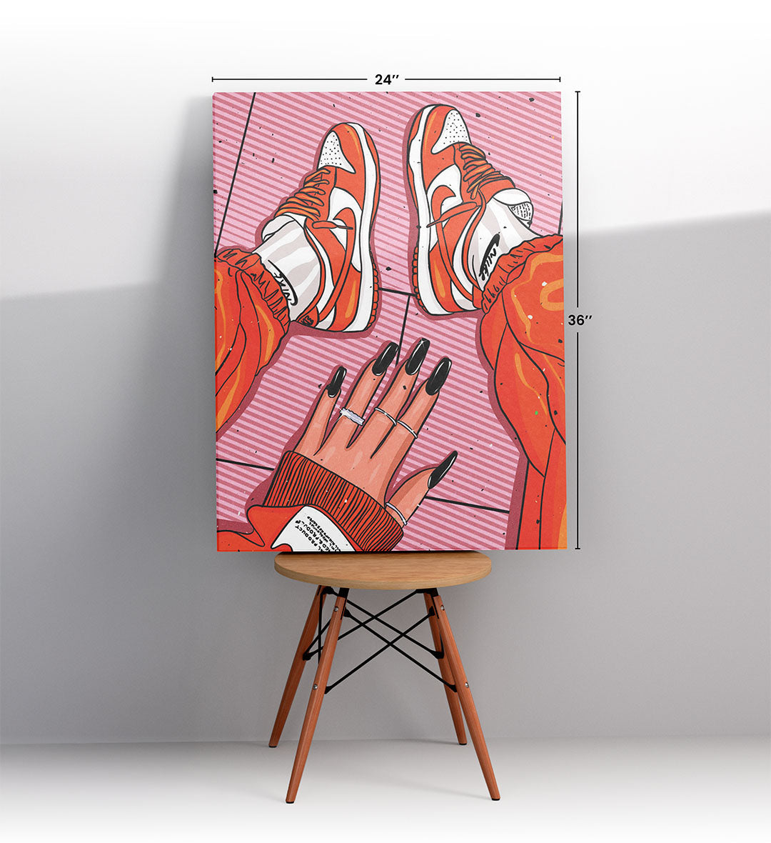 Sneaker Swagger Nike pop art wall canvas print with orange sneakers for Indian home decor.