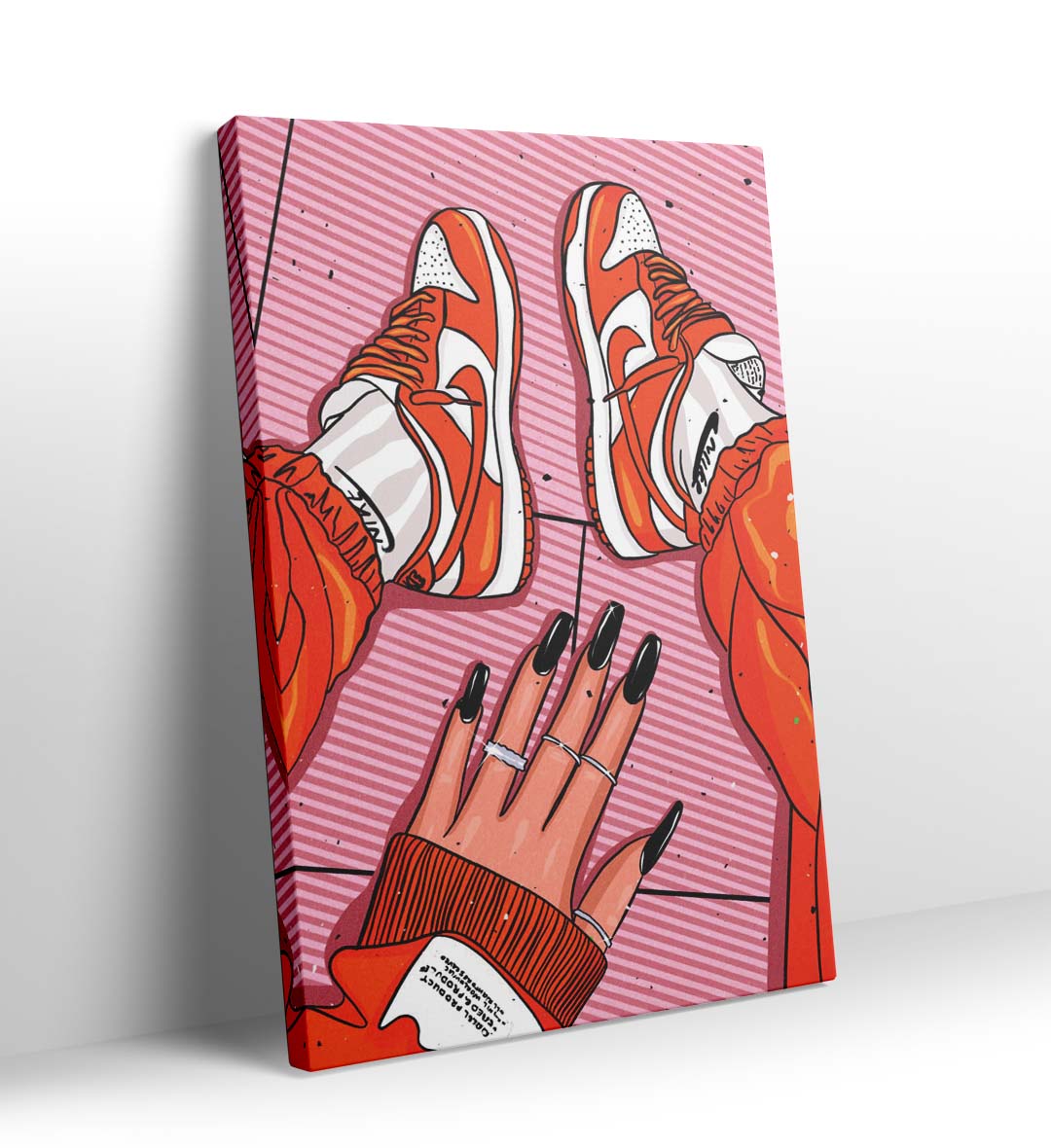 Sneaker Swagger Nike pop art wall canvas print with orange sneakers for Indian home decor.