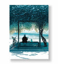 Person reading newspaper on a bench with three dogs in a snowy park canvas wall art.