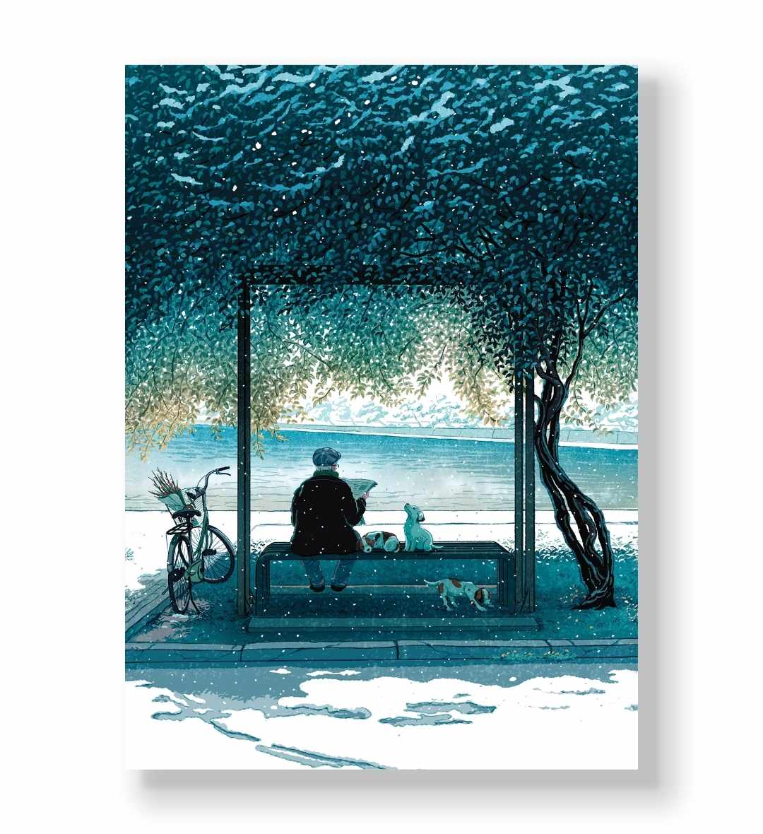 Person reading newspaper on a bench with three dogs in a snowy park canvas wall art.