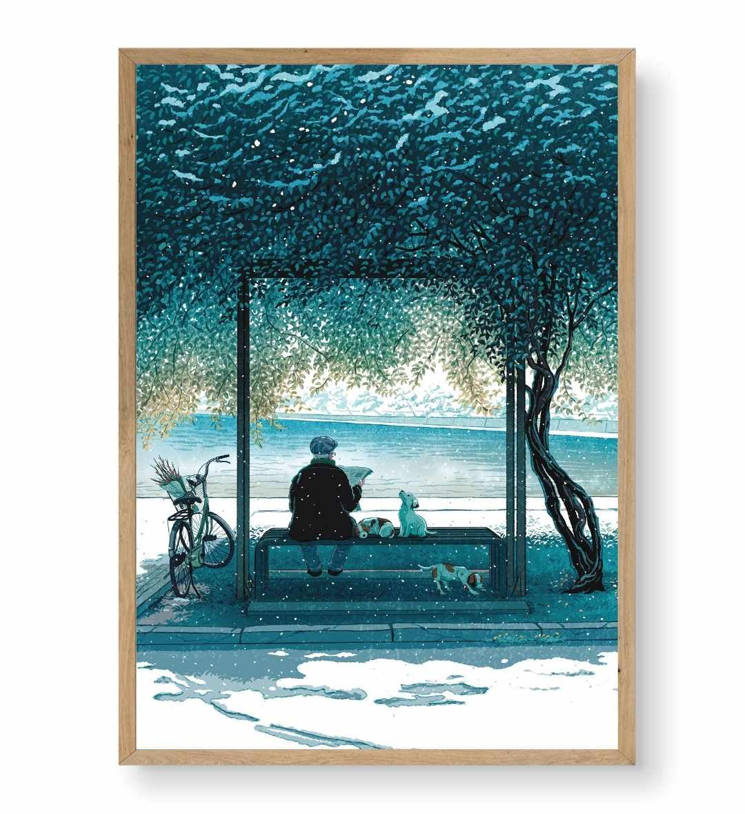 Hallway gallery wall idea including Snowy Park Companions art by Artlier.