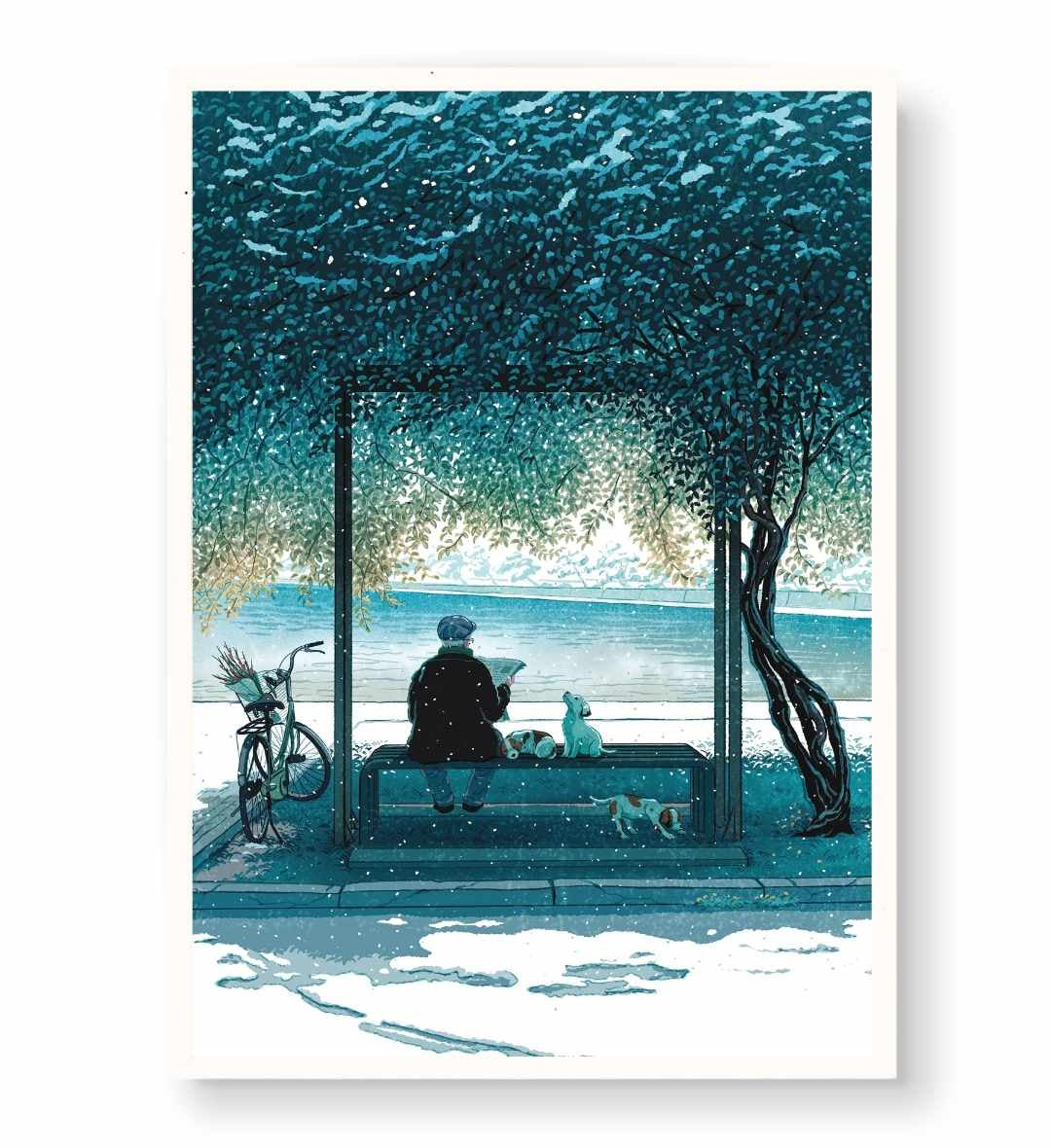 Cozy living room decor featuring serene winter park illustration.