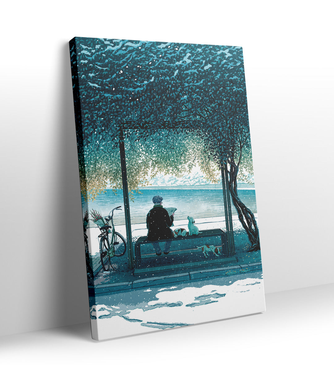 Person reading newspaper on a bench with three dogs in a snowy park canvas wall art.