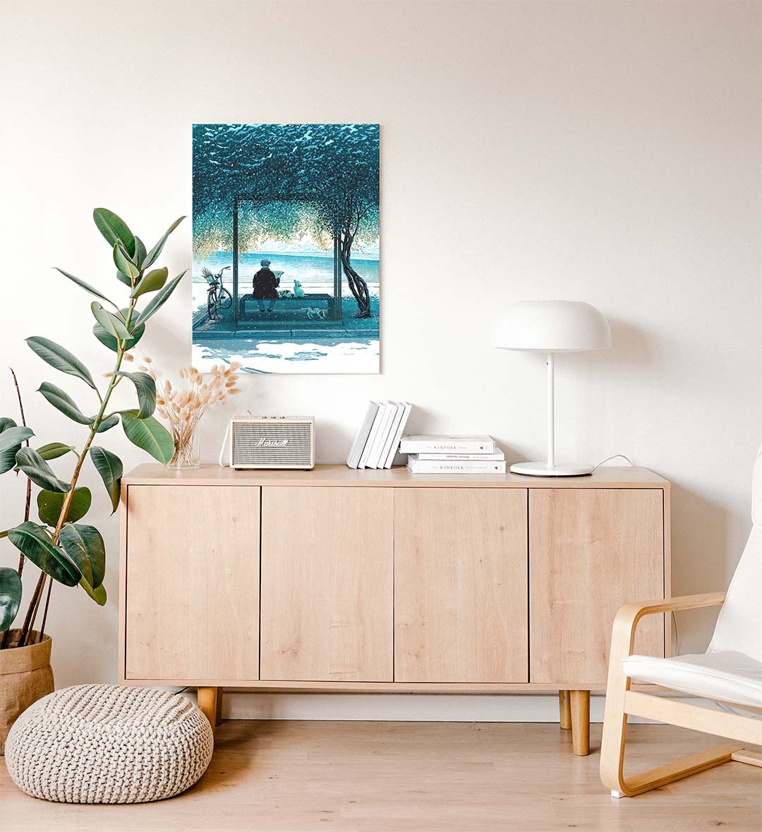 Side view of Snowy Park Companions canvas showing gallery wrap depth.