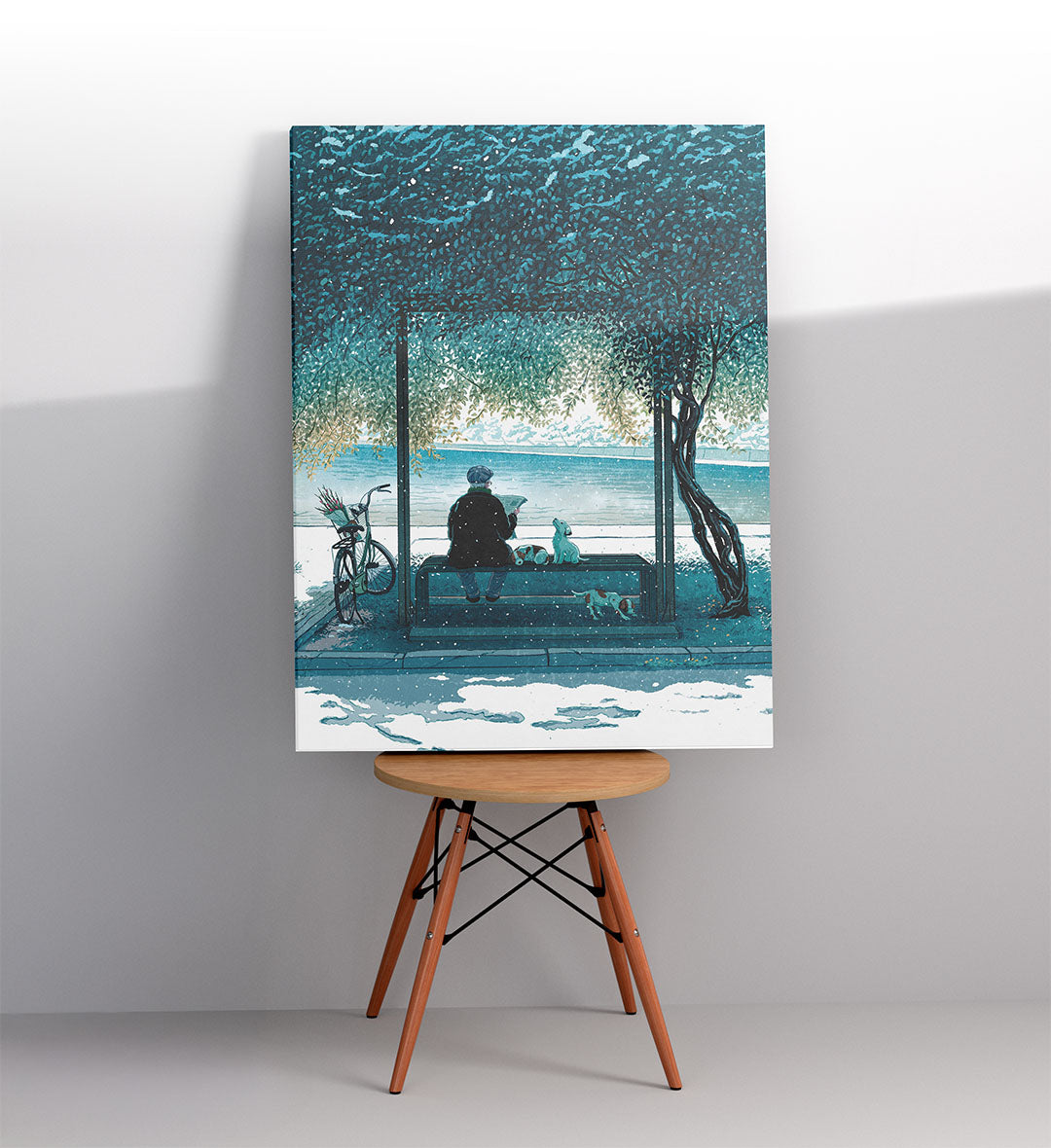 Pet-friendly home vibe with cute dog and snow art.