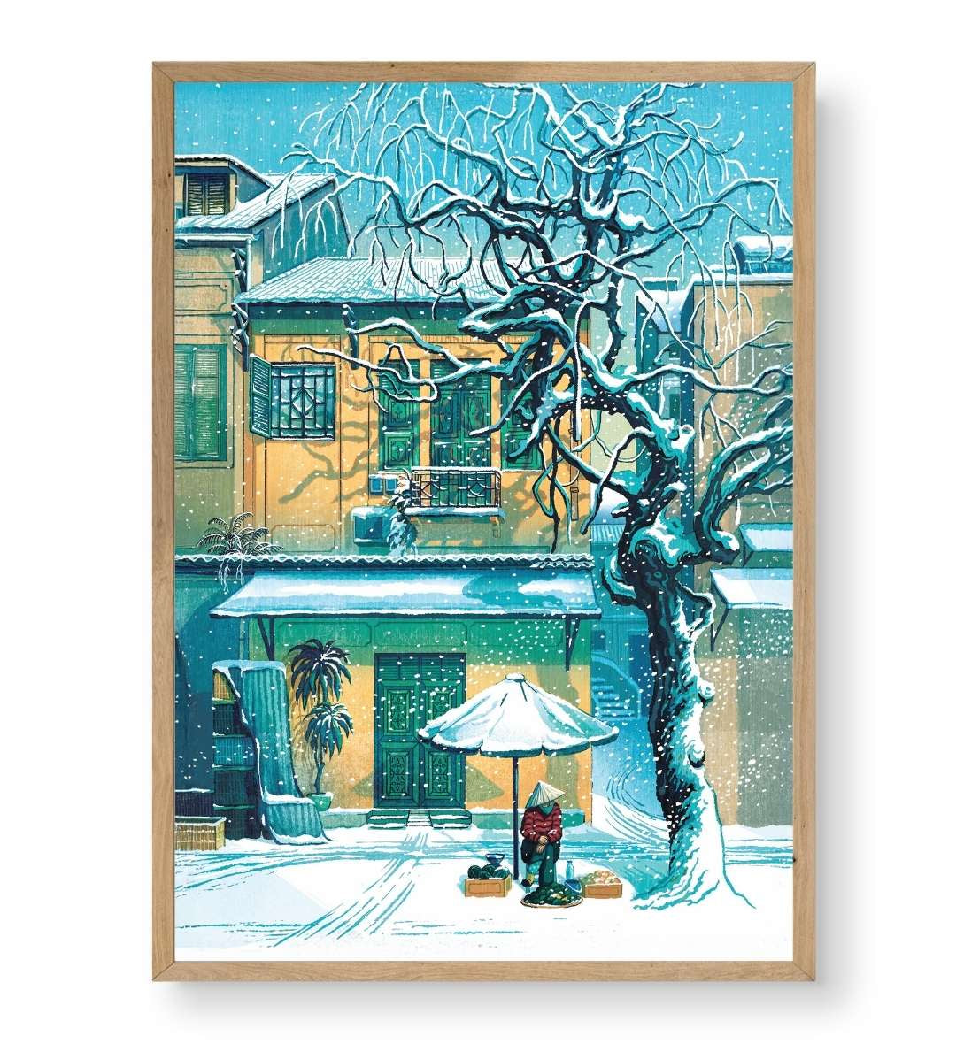 Hallway gallery wall idea with framed Snowy Street Vendor art by Artlier.