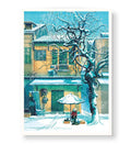 Cozy living room decor featuring aesthetic winter street illustration.