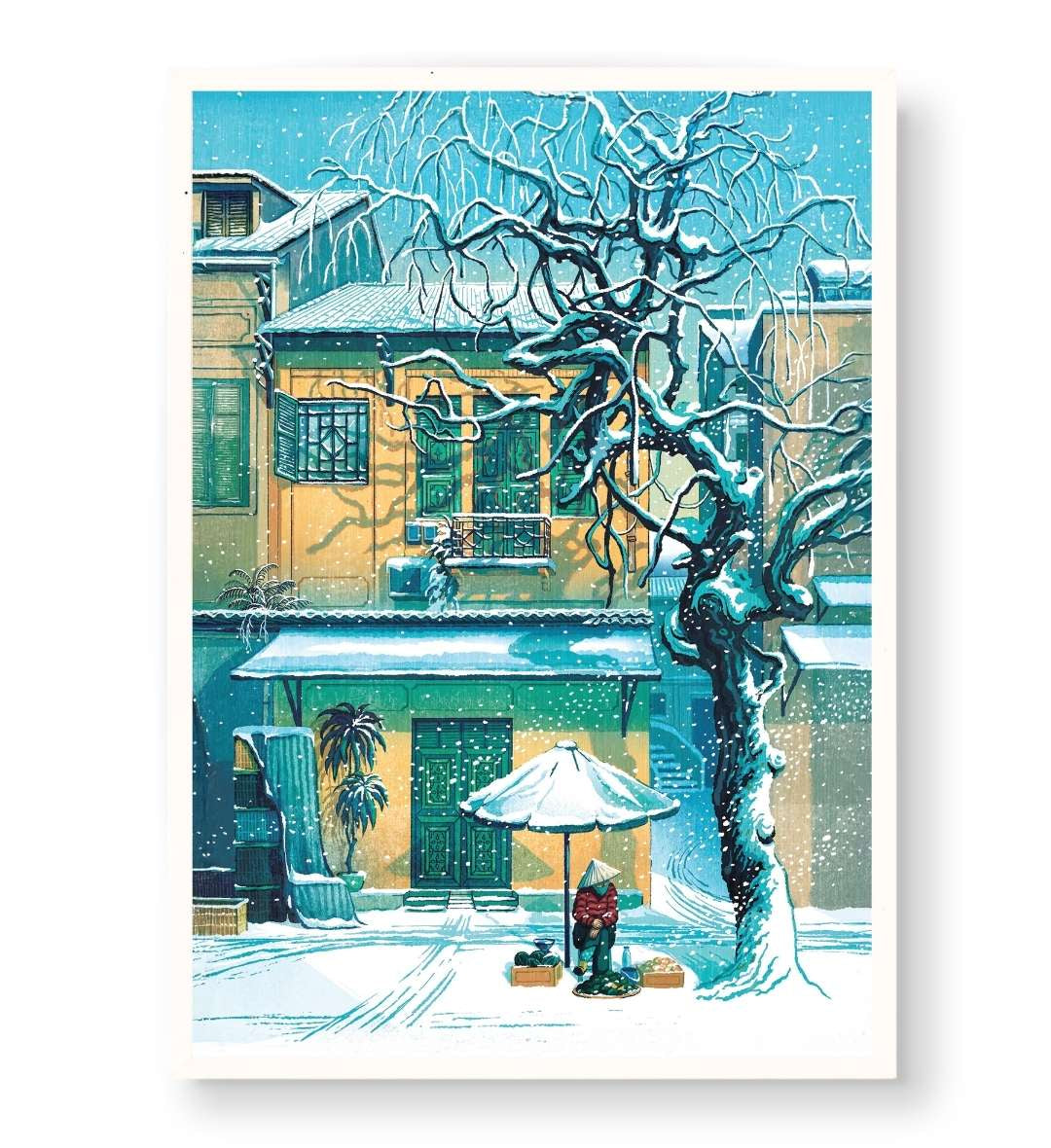 Cozy living room decor featuring aesthetic winter street illustration.