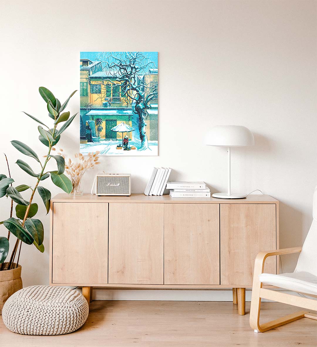 Side view of Snowy Street Vendor canvas showing gallery wrap depth.