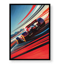 Framed poster of a racing car on a track with dynamic colors.