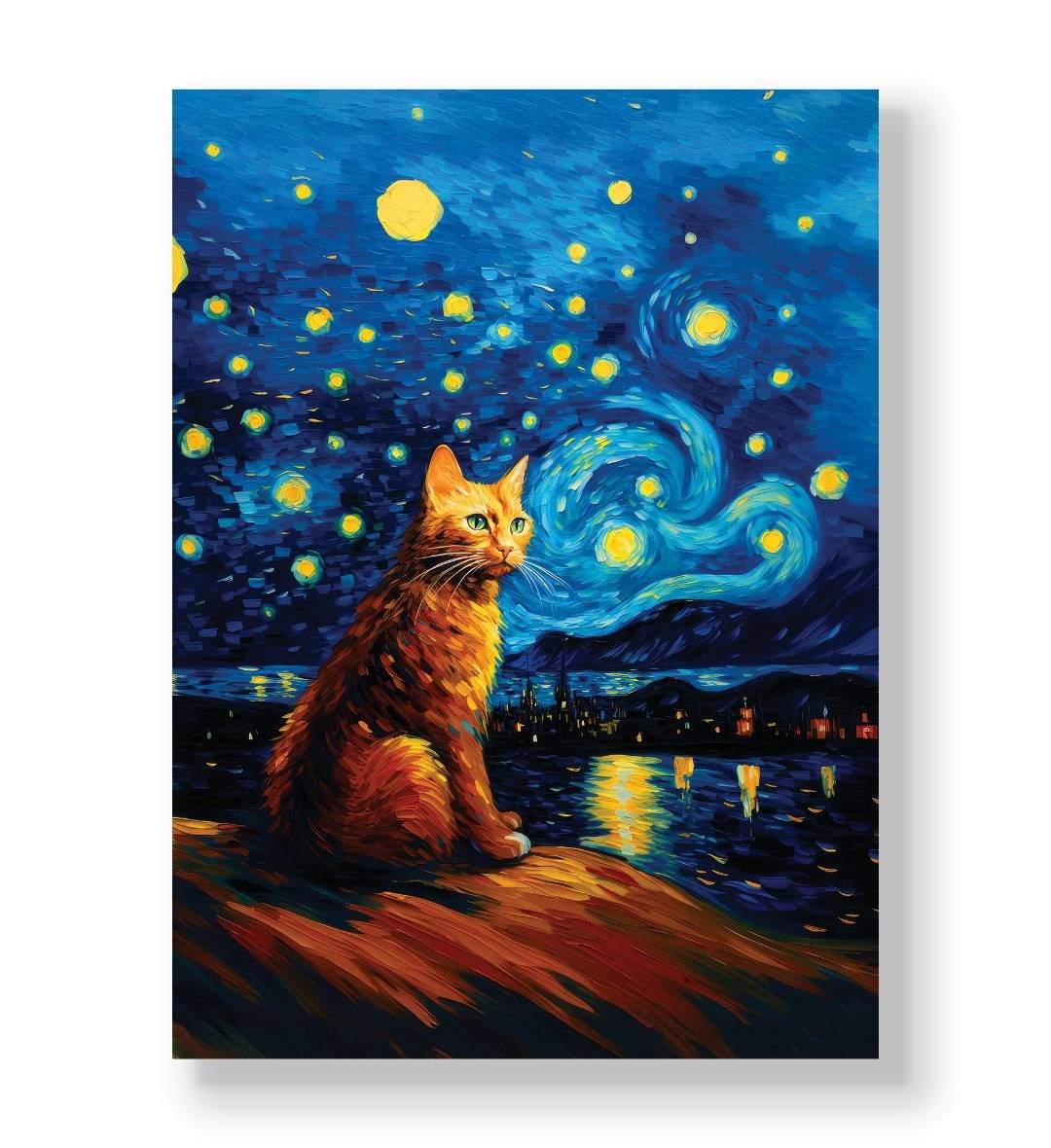 Orange tabby cat sitting against a Starry Night style swirling blue sky canvas wall art.