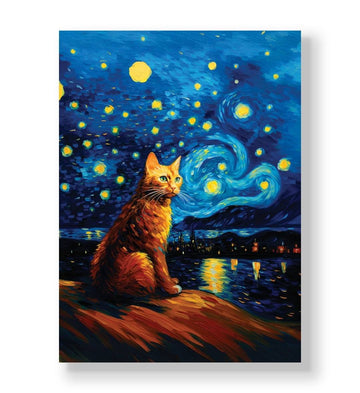 Orange tabby cat sitting against a Starry Night style swirling blue sky canvas wall art.