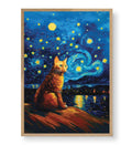 Detail of the thick brushstrokes on the ginger cat and glowing yellow stars.