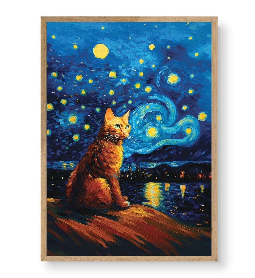 Detail of the thick brushstrokes on the ginger cat and glowing yellow stars.