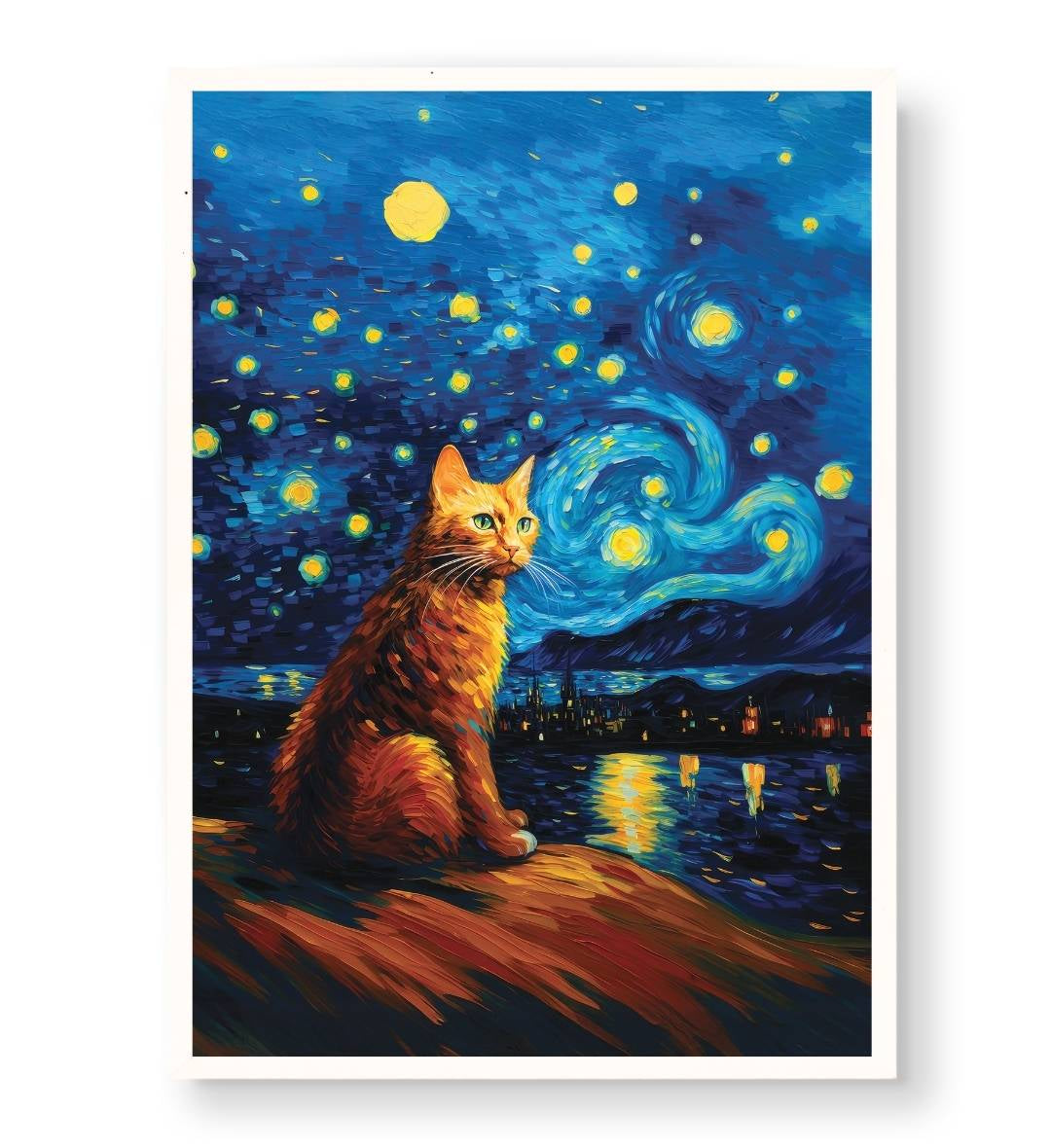 Cozy living room decor featuring classic art style cat wall hanging.