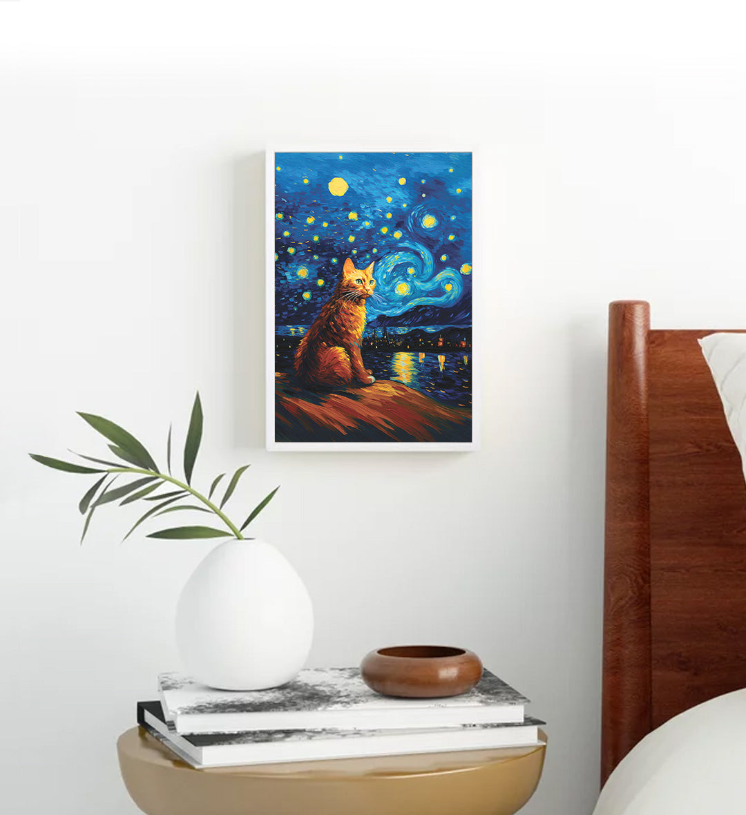 Artsy bedroom styled with Van Gogh inspired animal canvas print.