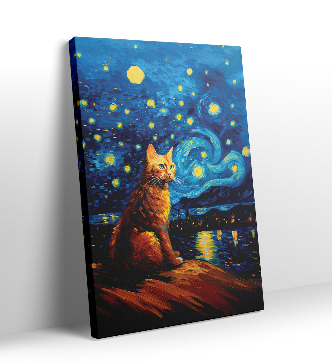 Orange tabby cat sitting against a Starry Night style swirling blue sky canvas wall art.