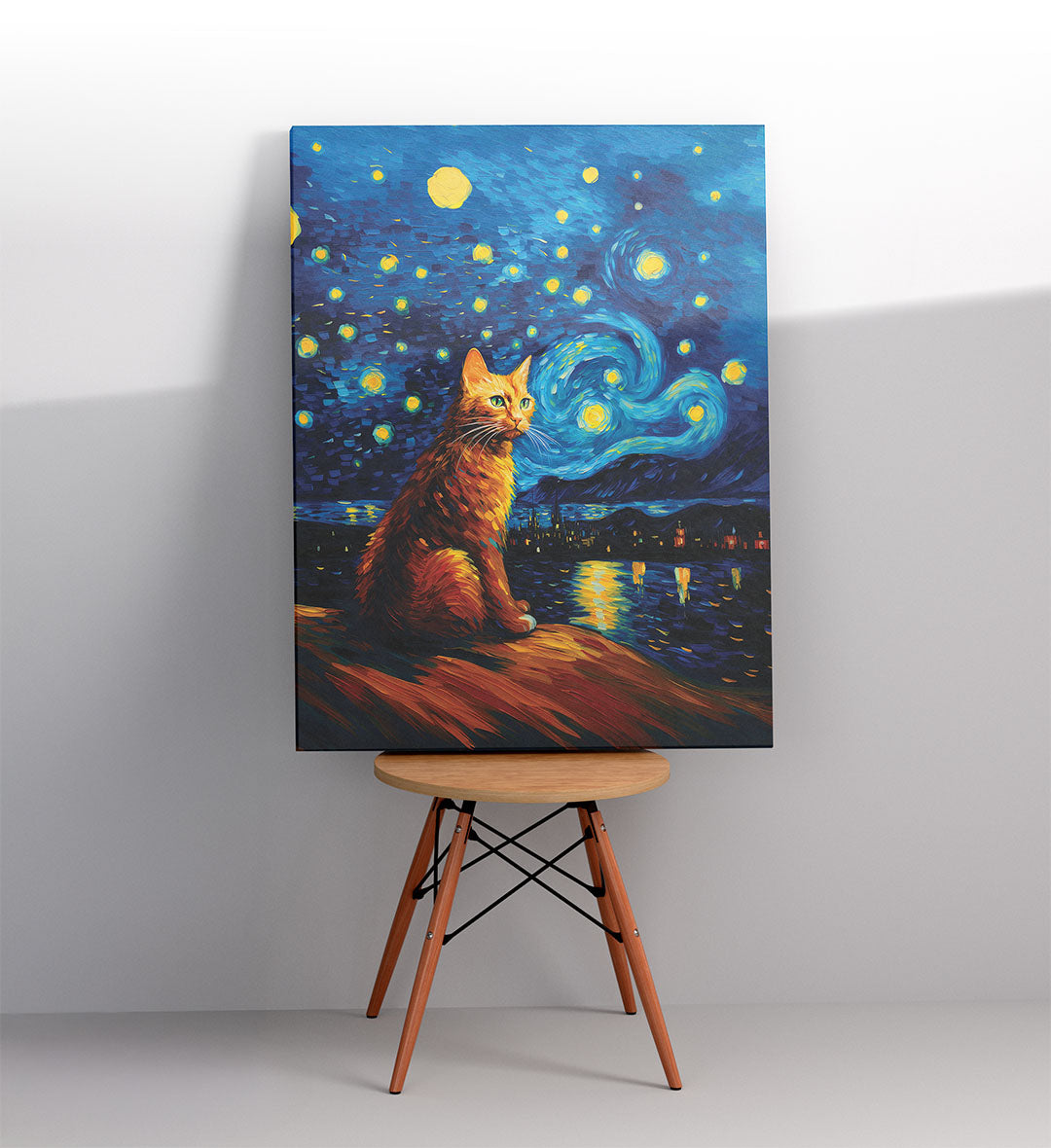 Hallway gallery wall idea including Starry Night Feline art by Artlier.