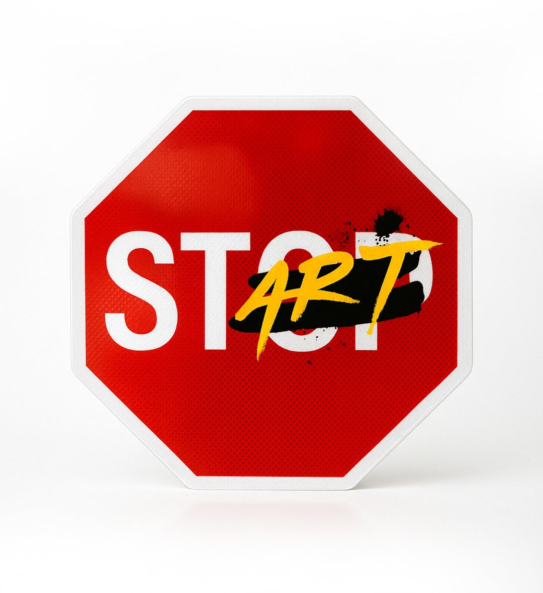 Red stop sign with 'START' text, rugged and real for adding grit to Indian home walls.