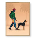 Hypebeast figure in green hoodie walking a geometric Doberman with a rose canvas wall art.