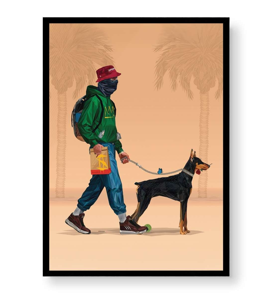 Detail of geometric Doberman holding a red rose and blue butterfly on the leash.