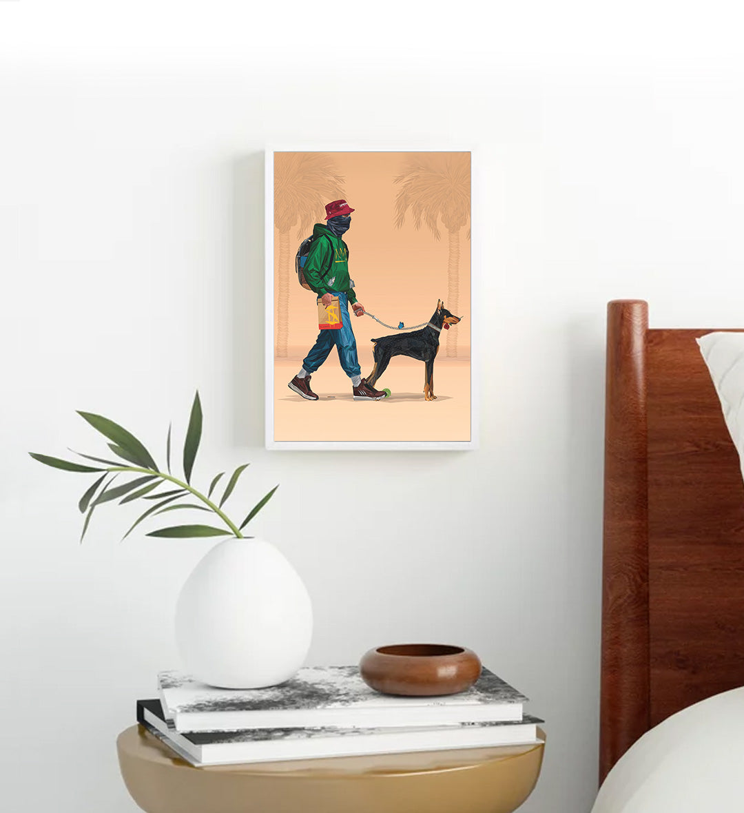 Minimalist bachelor pad living room with geometric Doberman canvas print.