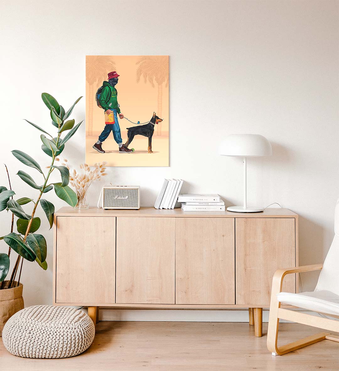 Home office space styled with cool fashion-inspired wall hanging.
